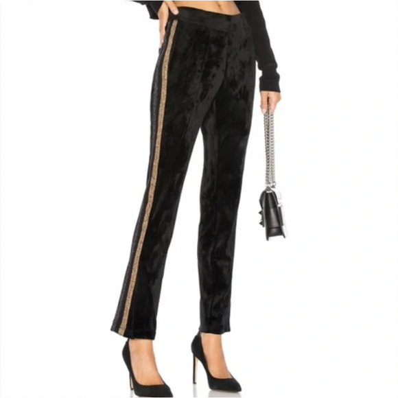 Pam & Gela Black Velvet Metallic Striped Track Pants With Slide Slits SZ S - Picture 1 of 13